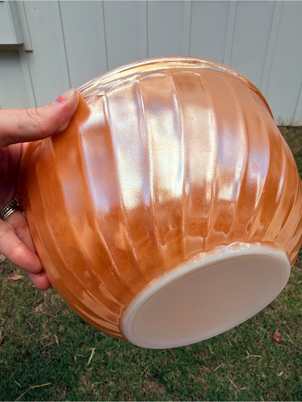Fire King Iridescent Peach-Orange Ribbed Mixing Bowl
